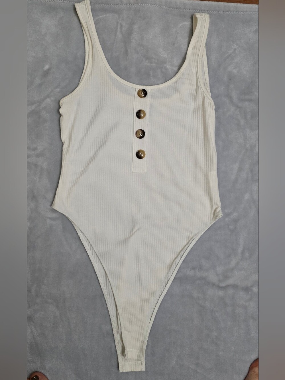 SHEIN Cream Ribbed Button-Front Womens One-Piece